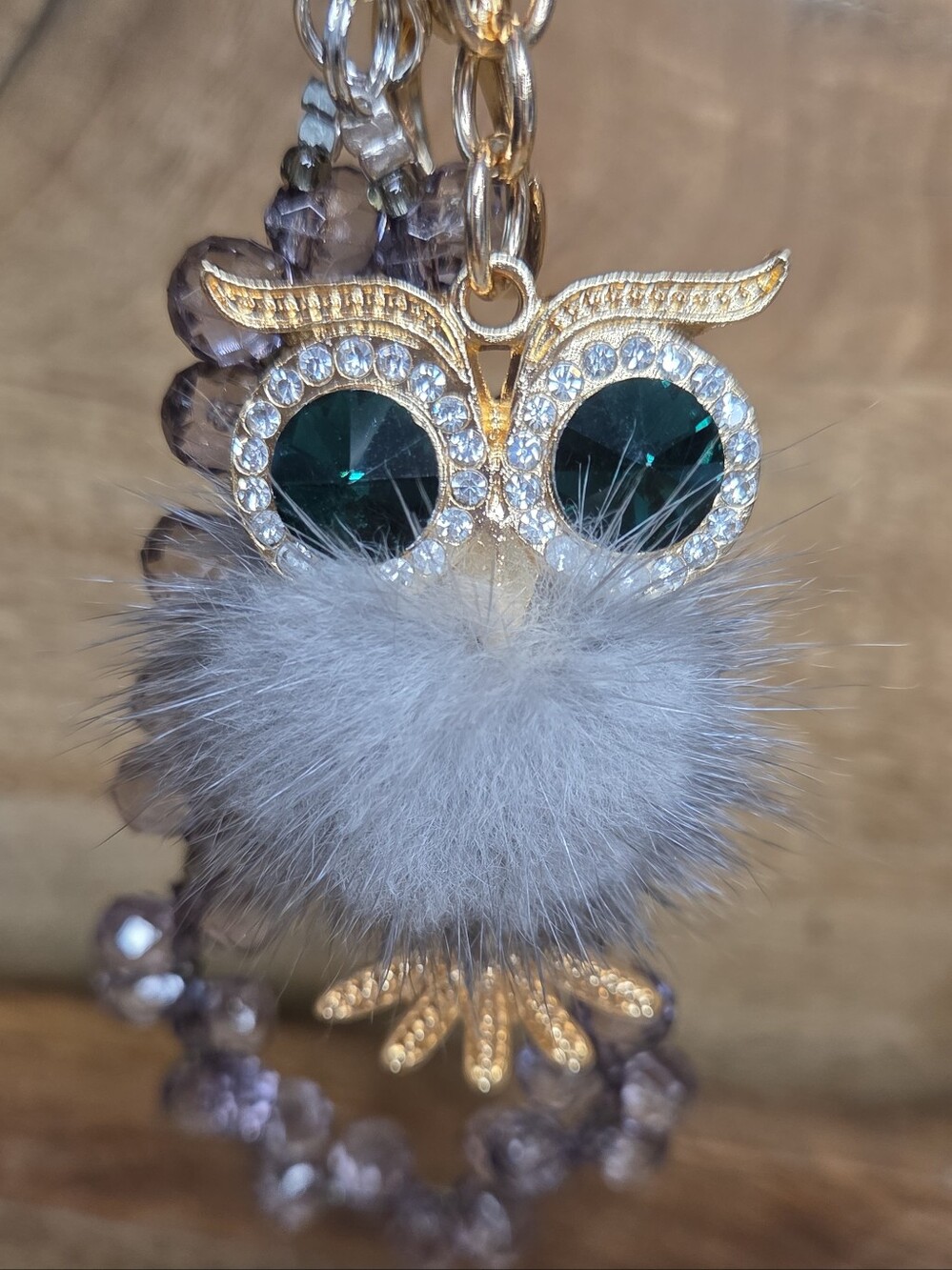 Gold Owl Fuzzy Belly Keychain with Gray Fur and Smoky Beaded Wristlet!